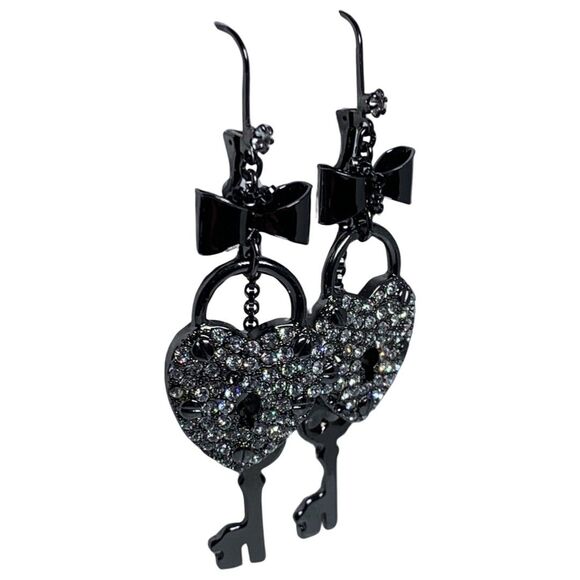 Betsey Johnson Black Crystal Heart Lock & Key Dangle Earrings 4" Valentine Love - Picture 4 of 11